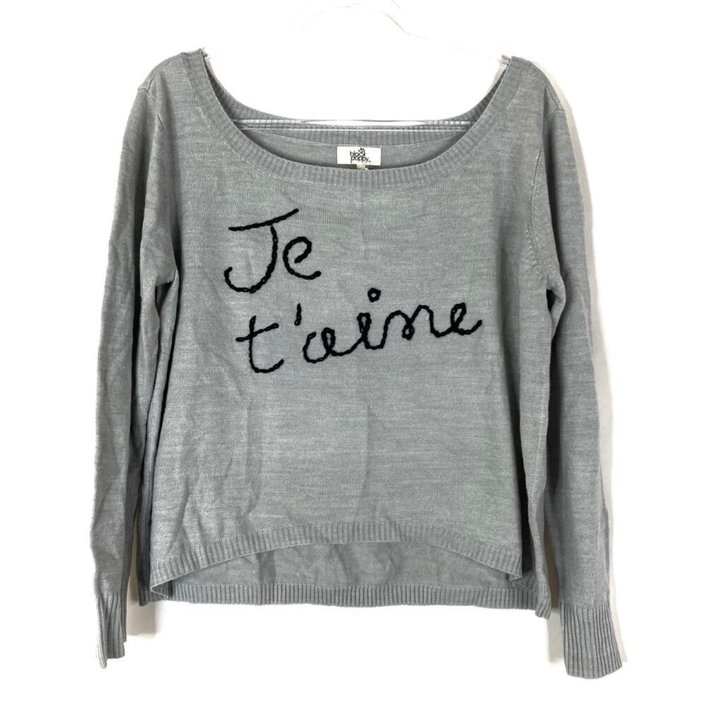 Black Poppy Je T'aime I Love You Gray Slouchy 100% Acrylic Sweater Womens Large